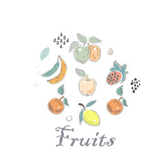 Cute Icon withlots of fruits. Hand Drawn Scandinavian Style. Vector Illustration