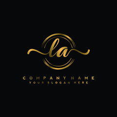 LA Initial handwriting logo design with golden brush circle. Logo for fashion,photography, wedding, beauty, business