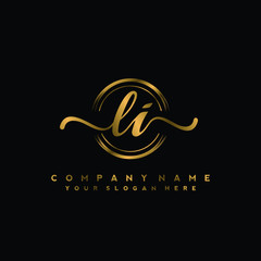 LI Initial handwriting logo design with golden brush circle. Logo for fashion,photography, wedding, beauty, business