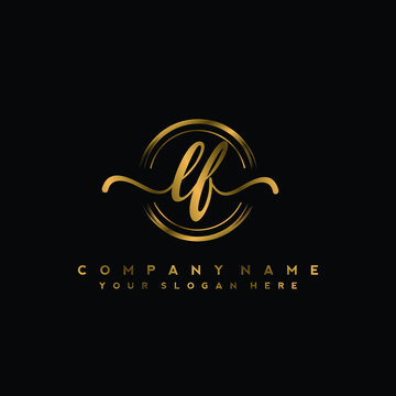 LF Initial handwriting logo design with golden brush circle. Logo for fashion,photography, wedding, beauty, business