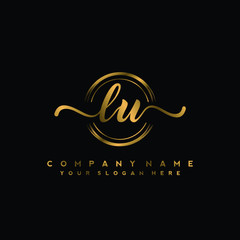 LU Initial handwriting logo design with golden brush circle. Logo for fashion,photography, wedding, beauty, business