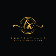 LX Initial handwriting logo design with golden brush circle. Logo for fashion,photography, wedding, beauty, business