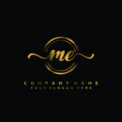 ME Initial handwriting logo design with golden brush circle. Logo for fashion,photography, wedding, beauty, business