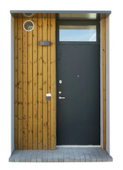 New standard gray steel armed door in low cost house isolated