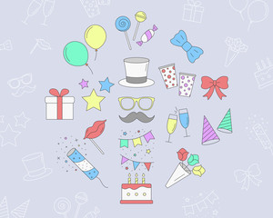 Celebration party Icons set - Vector color symbols and outline of cake, gift, drink, balloon, confetti, hat, fireworks, mask, moustache, lip, candy and etc for the site or interface