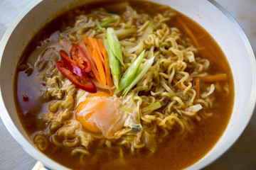 Korean scpicy vegetable ramen in the pan