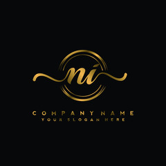 NI Initial handwriting logo design with golden brush circle. Logo for fashion,photography, wedding, beauty, business