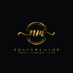 NM Initial handwriting logo design with golden brush circle. Logo for fashion,photography, wedding, beauty, business