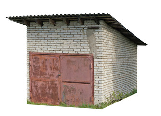 A rural no name self-made shed  garage made of white silicate bricks isolated
