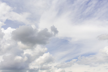 Fototapeta na wymiar White cumulus clouds in blue sky at daytime. Natural background photo texture