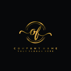 OF Initial handwriting logo design with golden brush circle. Logo for fashion,photography, wedding, beauty, business