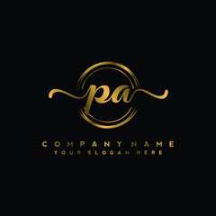 PA Initial handwriting logo design with golden brush circle. Logo for fashion,photography, wedding, beauty, business