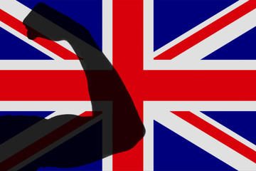 Flag of the UK and a hand that means the power of the country.