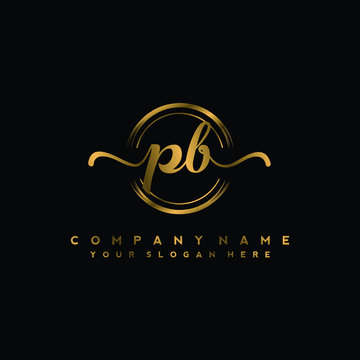 PB Initial handwriting logo design with golden brush circle. Logo for fashion,photography, wedding, beauty, business