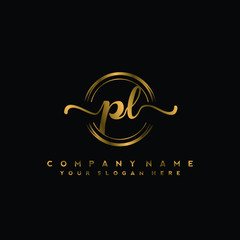 PL Initial handwriting logo design with golden brush circle. Logo for fashion,photography, wedding, beauty, business