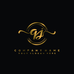 QJ Initial handwriting logo design with golden brush circle. Logo for fashion,photography, wedding, beauty, business