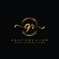 Fototapeta premium QR Initial handwriting logo design with golden brush circle. Logo for fashion,photography, wedding, beauty, business