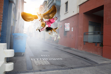 Super hero and her flying dog