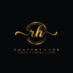 RH Initial handwriting logo design with golden brush circle. Logo for fashion,photography, wedding, beauty, business