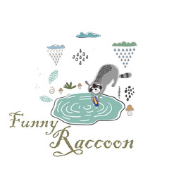 Cute Icon with raccoons. Hand Drawn Scandinavian Style. Vector Illustration