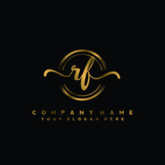 RF Initial handwriting logo design with golden brush circle. Logo for fashion,photography, wedding, beauty, business