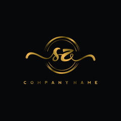 SZ Initial handwriting logo design with golden brush circle. Logo for fashion,photography, wedding, beauty, business