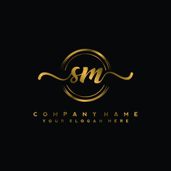 SM Initial handwriting logo design with golden brush circle. Logo for fashion,photography, wedding, beauty, business