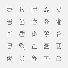 Coffee utensils simple outline icon set.