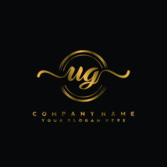 UG Initial handwriting logo design with golden brush circle. Logo for fashion,photography, wedding, beauty, business