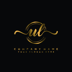 UL Initial handwriting logo design with golden brush circle. Logo for fashion,photography, wedding, beauty, business