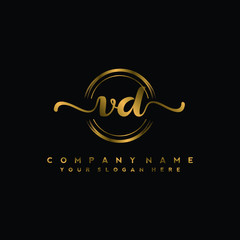 VD Initial handwriting logo design with golden brush circle. Logo for fashion,photography, wedding, beauty, business