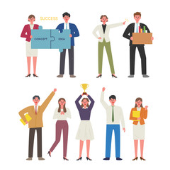 Obraz premium Business People Characters Set. Partnership puzzles, fired employees, winning teams.