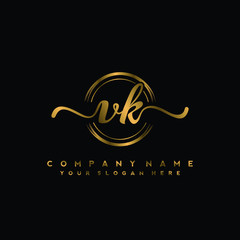 VK Initial handwriting logo design with golden brush circle. Logo for fashion,photography, wedding, beauty, business