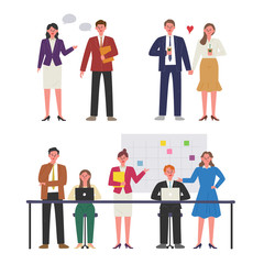 Office workers. Teamwork, employees having business conversations with partners, dating couples.