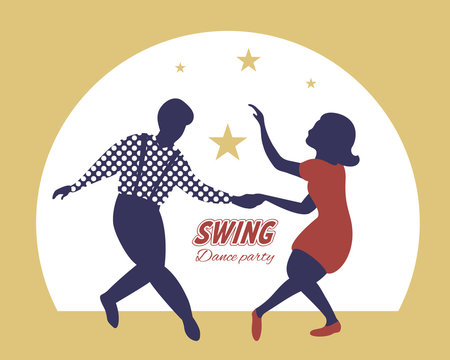 Swing dance party poster. Silhouettes of guy and girl dancing swing. 1940s and 1950s style on gold background. Flat vector illustration.