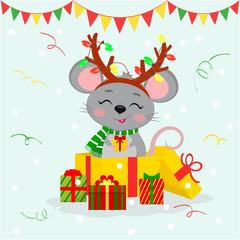 Happy New Year and Merry Christmas. A cute mouse, a rat in a rim of antlers with garlands and a scarf, stand in a gift box and holds a box with a gift. Year of the rat. Cartoon, flat style, vector