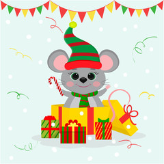 Happy New Year and Merry Christmas. A cute mouse, a rat in a hat and an elf scarf, stands in a gift box and holds a candy lollipop. Year of the rat. Cartoon, flat style, vector