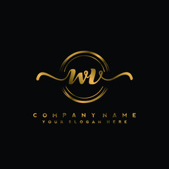 WV Initial handwriting logo design with golden brush circle. Logo for fashion,photography, wedding, beauty, business