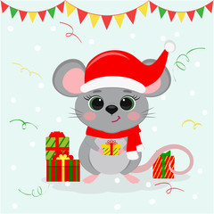 Happy New Year and Merry Christmas. Cute mouse, a rat with green eyes in a New Year s hat and scarf, holds a box with a gift. Year of the Rat 2020. Cartoon, flat style, vector