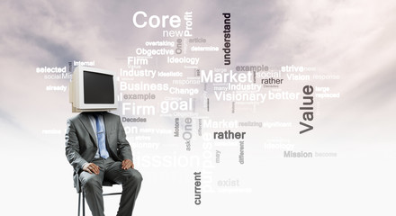 Monitor headed businessman. Mixed media