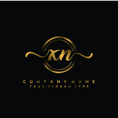 XN Initial handwriting logo design with golden brush circle. Logo for fashion,photography, wedding, beauty, business