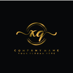 XQ Initial handwriting logo design with golden brush circle. Logo for fashion,photography, wedding, beauty, business