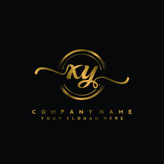 XY Initial handwriting logo design with golden brush circle. Logo for fashion,photography, wedding, beauty, business