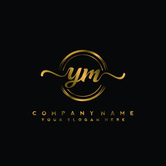 YM Initial handwriting logo design with golden brush circle. Logo for fashion,photography, wedding, beauty, business