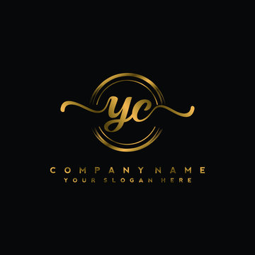 YC Initial handwriting logo design with golden brush circle. Logo for fashion,photography, wedding, beauty, business