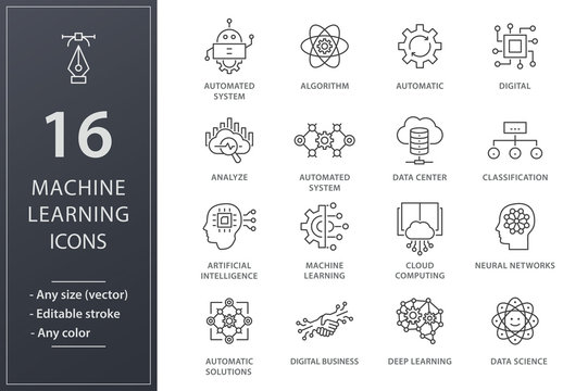 Machine learning line icons set. Black vector illustration. Editable stroke.