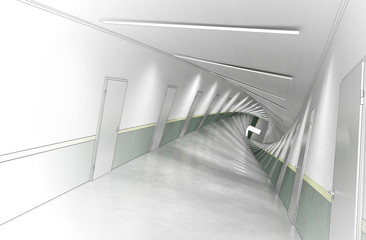 Obraz premium długi korytarz z drzwiami, wizualizacja wnętrza, ilustracja 3D