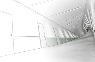 long corridor with doors, interior visualization, 3D illustration