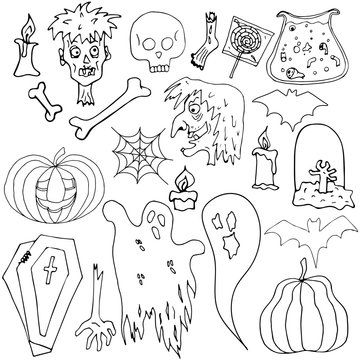 Hand drawn figure set monochrome halloween for web backdrop design. Halloween icon set for design. Pictures for decoration. Set of vector pictures. Little sketch on a white background. Happy halloween
