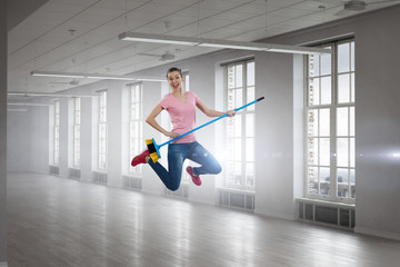 Woman doing funny cleaning. Mixed media